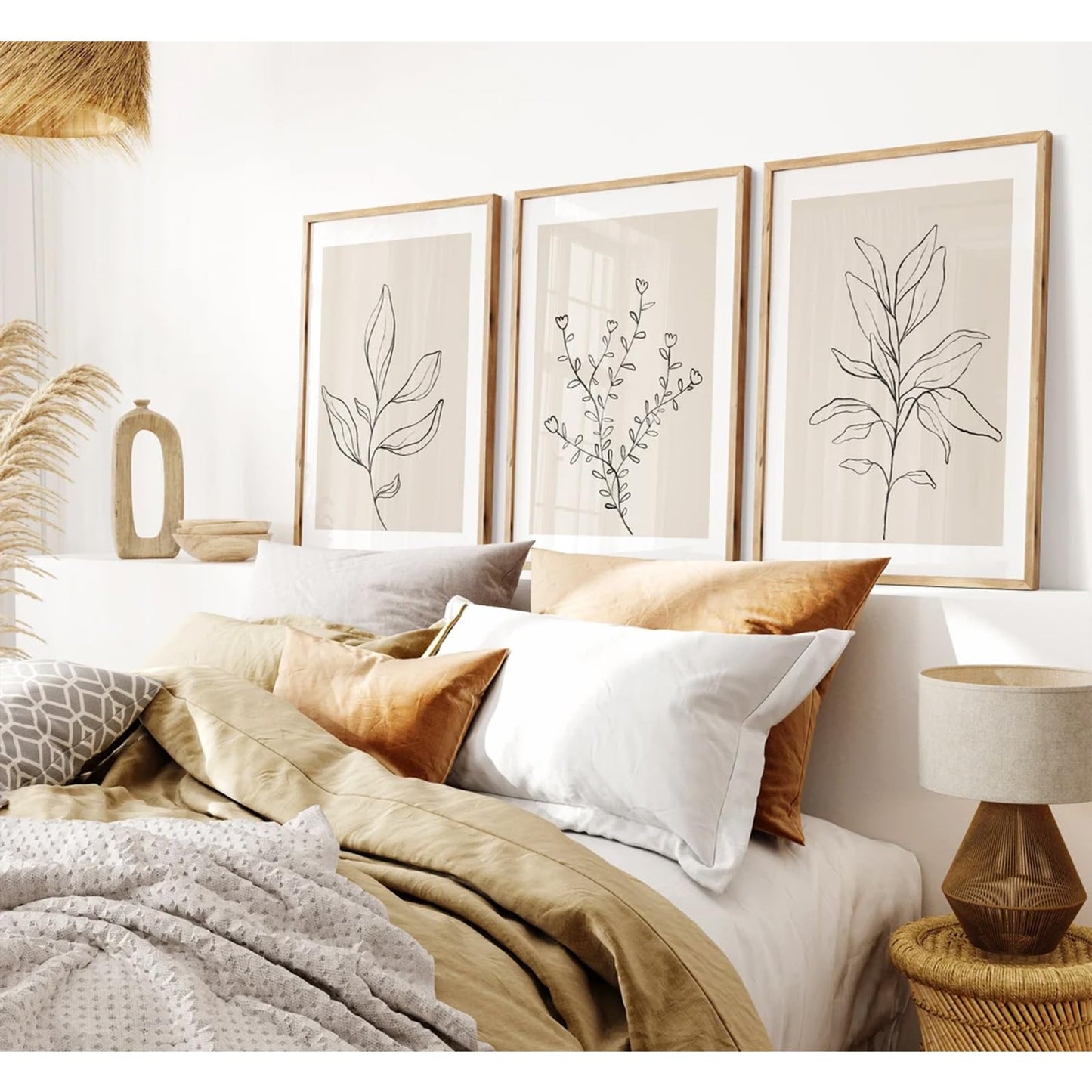 Joocrise Botanical Wall Art Decor Set of 3 Neutral Wall Decor Boho Beige Canvas Wall Art Botanical Minimalist Pictures Botanical Neutral Prints Beige Boho Artwork for Room Bedroom 16x24 Inch Unframed