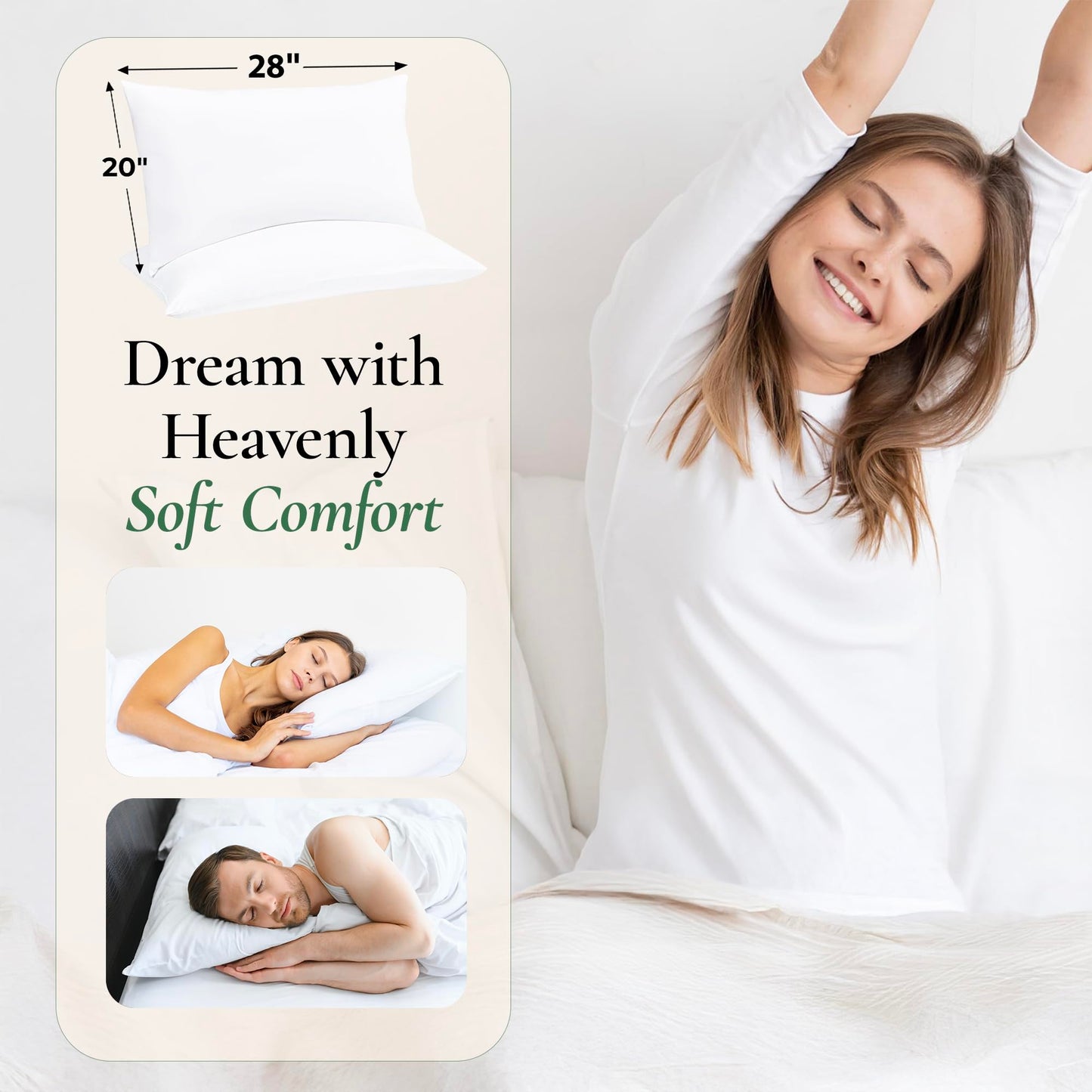 Fern and Willow Queen Size Bed Pillows - Set of 2, 28"x20" - Luxurious Ultra-Soft Cooling Pillow - Hotel Quality, Down Alternative Fill - Ideal for Side, Back & Stomach Sleepers