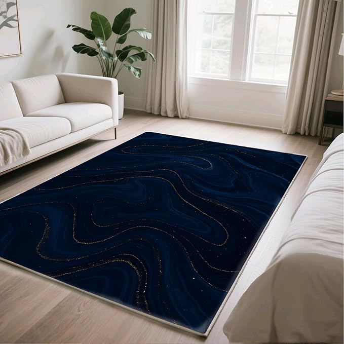 Luxury Marble Rugs - 7x10 Area Rug, Navy Blue Marble Area Rugs, Modern Abstract Living Room Rug, Washable & Non Slip Large Rug Home Decor