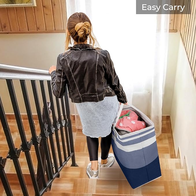 HomeHacks 2 Pack Large Laundry Baskets, Waterproof, Freestanding Laundry Hampers, Collapsible Clothes Hamper with Reinforced Handles in Laundry, College Dorm, Bathroom, Bedroom (Grey+Blue, 100Lx2)