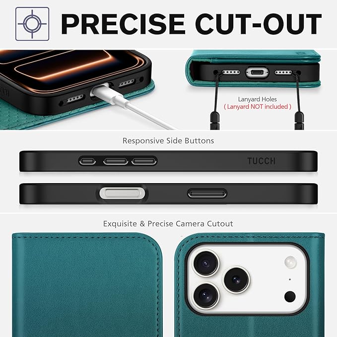 TUCCH Case Wallet for iPhone 17 Pro Max (6.9-Inch) 2025, [3 Card Slots] Kickstand [RFID Blocking] PU Leather Case, Flip Folio Cover with [TPU Shockproof Interior Shell], Teal Green