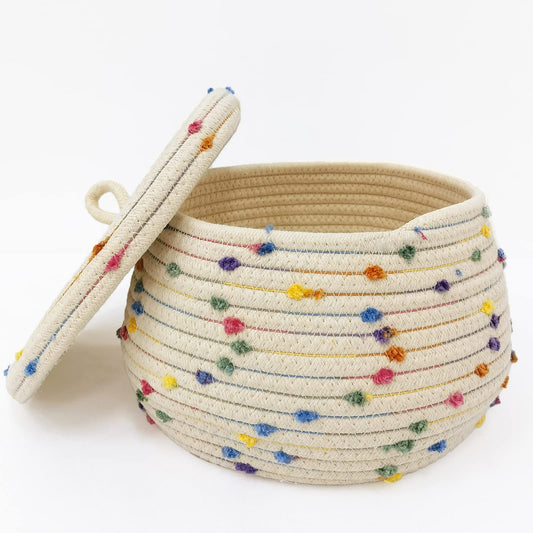 Esme L&H Small Rope Basket with Lid,10x6 Small Round Woven Storage Basket with lid for Organizing, Small Decorative Toy Basket with Colorful Rainbow Pompom, Cute Storage Bin Box for Toys, Gifts…