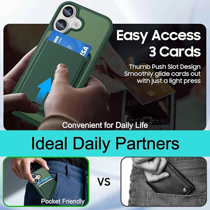 Ntwinro Magnetic for iPhone 17 Case (Compatible with MagSafe) with Detachable Wallet & Card Holder for 3 Cards [RFID Blocking] Military Grade Protective Slim Phone Cover, Green