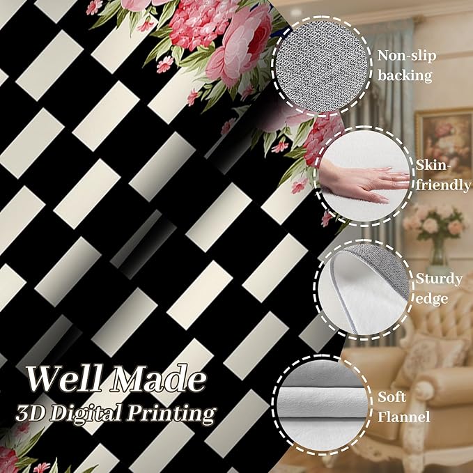 Checkered Floral Design Runner Rug for Entryway, 2.6x10ft, Pink Rose Luxury Fall Decor Area Carpets for Bedroom, Absorbent Machine Washable Shed Resistant Non-Slip Throw Rugs for Entry