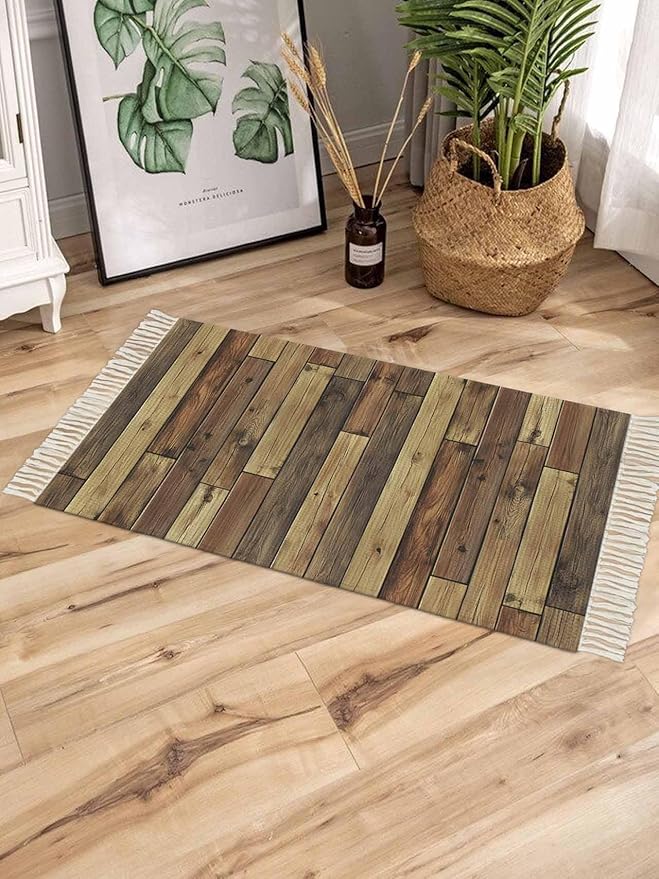Brown Large Runner Rug 4X6 Ft Living Room Area Rug, Washable Woven Vintage Country Wooden Grain Throw Carpet with Tassel, Non-Shedding Farmhouse Cabin Retro Plank Stitching Art Bedroom Office Carpets