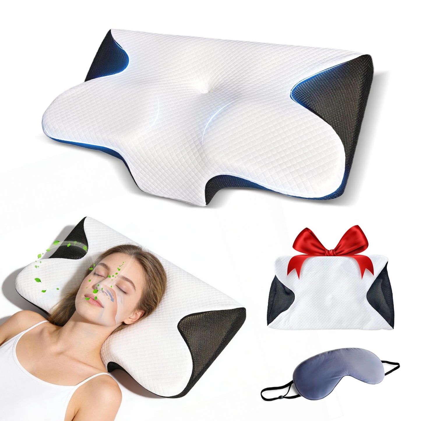 Keaolotay 2 in1 Memory Foam Cervical Pillow, Ergonomic Orthopedic Contoured Support Pillow for Neck Pain Relief, Bed Pillow for Side Back Stomach Sleepers Comes with 2 Pillowcases & 1 Eye Mask(Black)