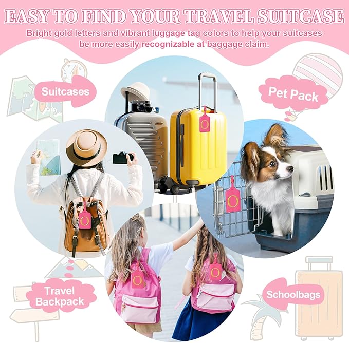 Personalized Initial Rose Red Leather Cute Luggage Tags with Privacy Cover Name Card, Embroidered Custom Monogram Travel Backpack Tag Gifts for Women Kids