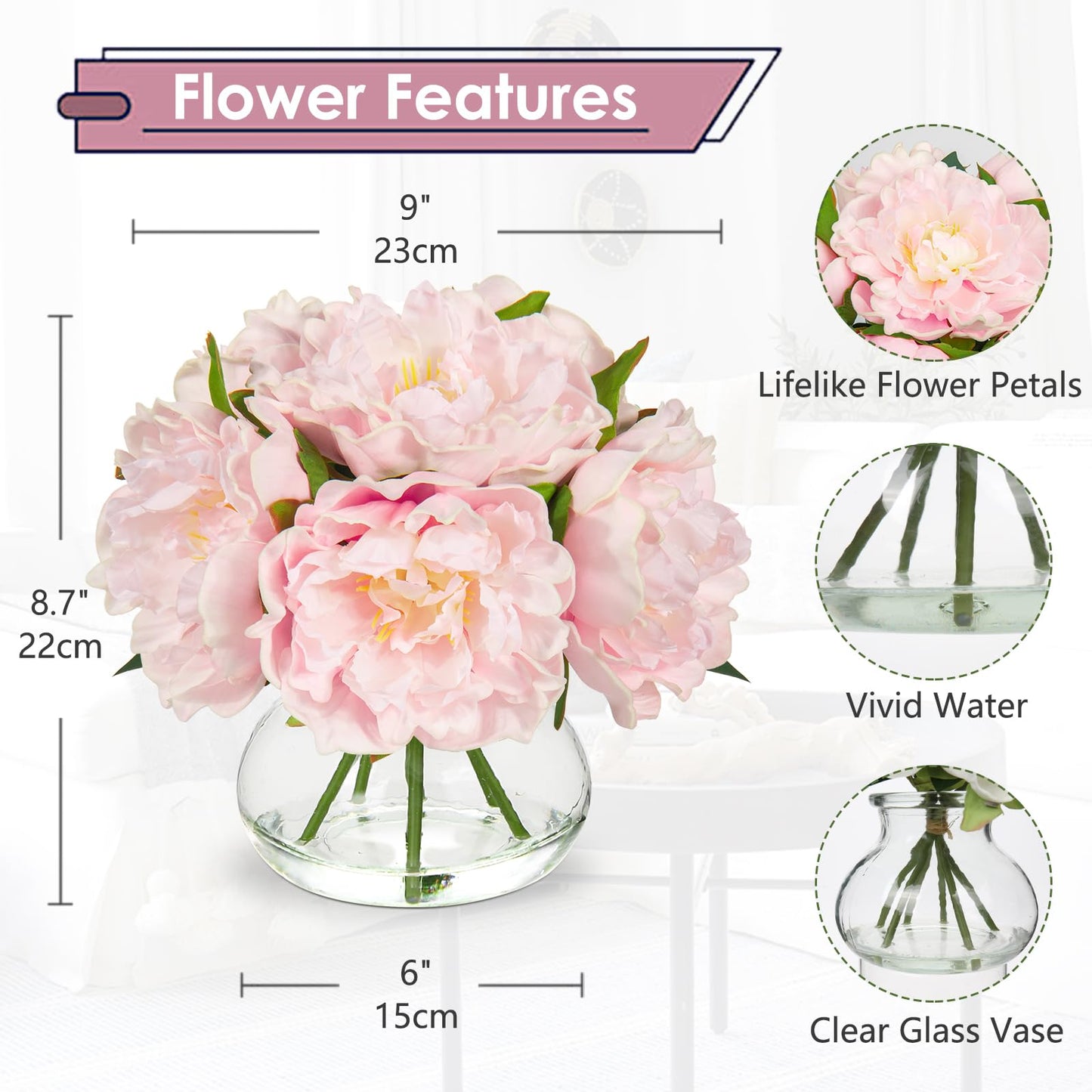 Hollyone Pink Peonies Artificial Flowers with Vase Faux Flowers Peony Fake Flowers Silk Flower Arrangements in Glass Vase with Faux Water for Home Decor Bathroom Table Centerpiece Shelf Decorations