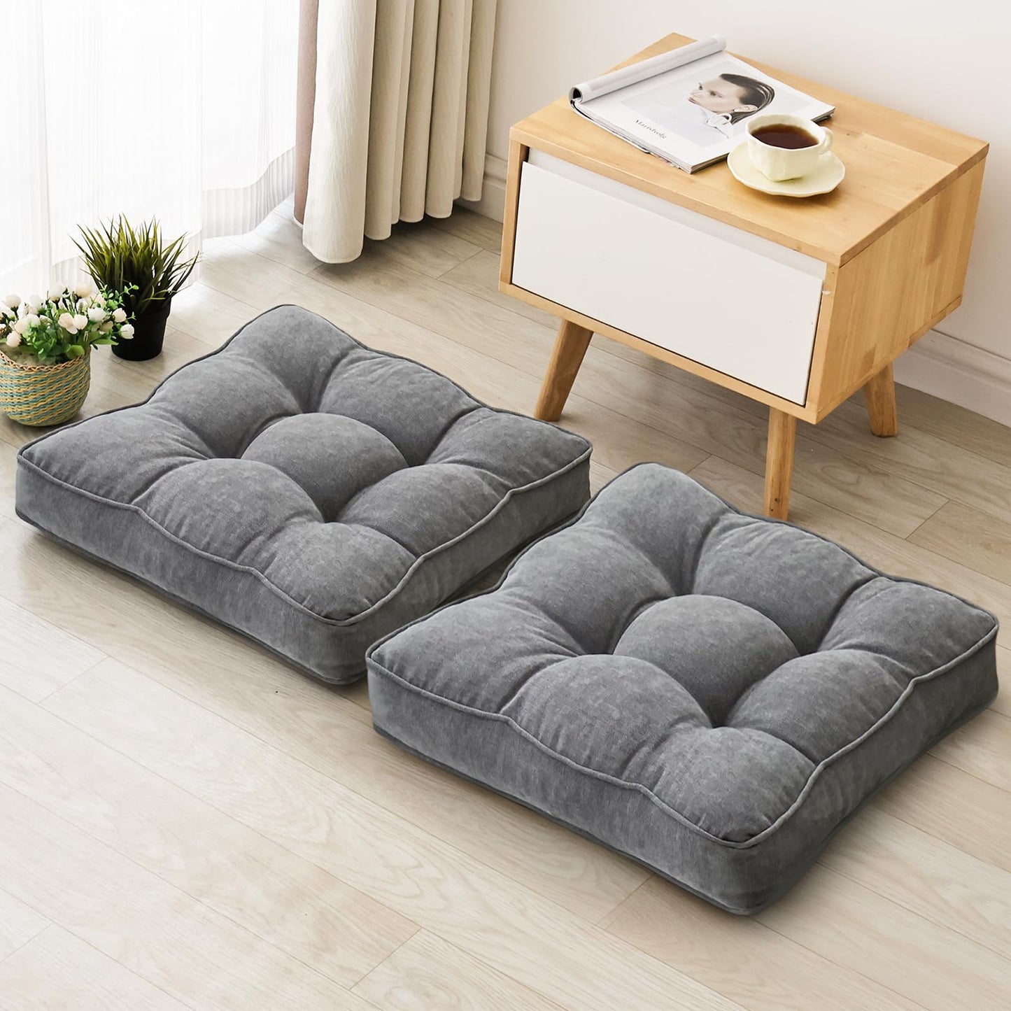 1 MIDDLE ONE Floor Pillow Set of 2, Memory Foam Floor Cushions for Adults, Large Meditation Pillow for Sitting, 22 x 22 Inches (Square | Grey)