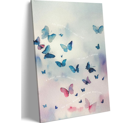 Watercolor Butterfly Canvas Wall Art with Inspirational Saying - Uplifting Quote Print for Teen Girls Bedroom, Blue Pink Purple Aesthetic Butterfly Decor for Nursery Office Bathroom 16*24 in