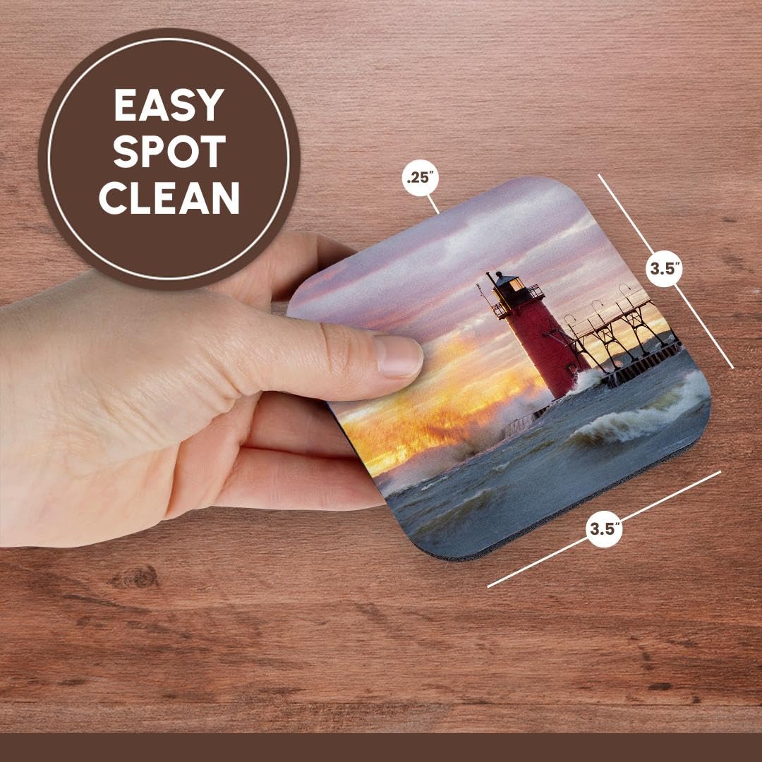 3dRose South Haven Lighthouse at Sunset, South Haven, Michigan. Set of 8 Coasters - Soft