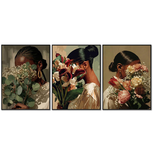 Black Woman Flower Wall Art Set of 3 African American Woman Canvas Wall Decor Black Girl Canvas Posters Trendy Boho Artwork Aesthetics Prints for Home Bedroom Living Room Dorm 12x16 Inch, Unframed