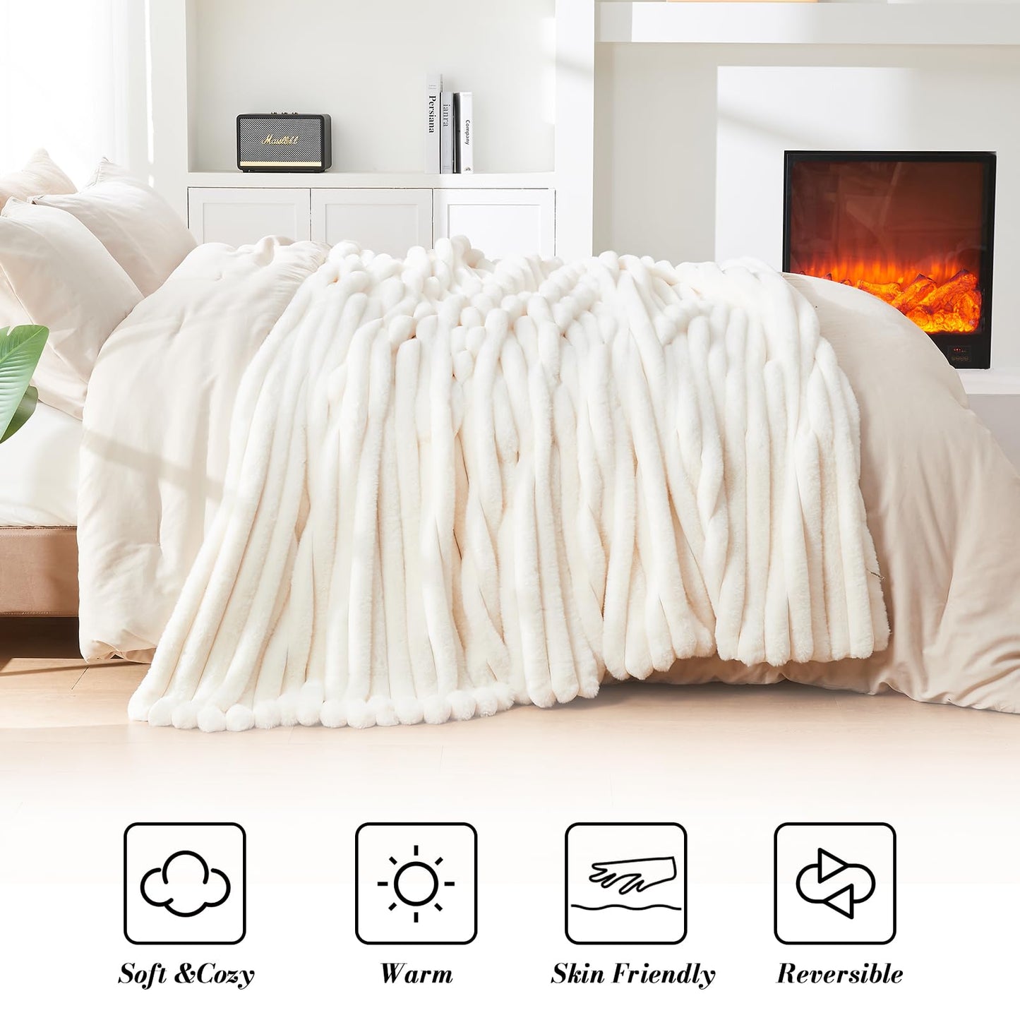 Lotus Karen Blanket for Bed Queen Size, Cozy Soft Fluffy Fuzzy Cream White Blanket, Striped Warm Thick Furry Plush Shaggy Large Blankets for Women, 90x90 Inches