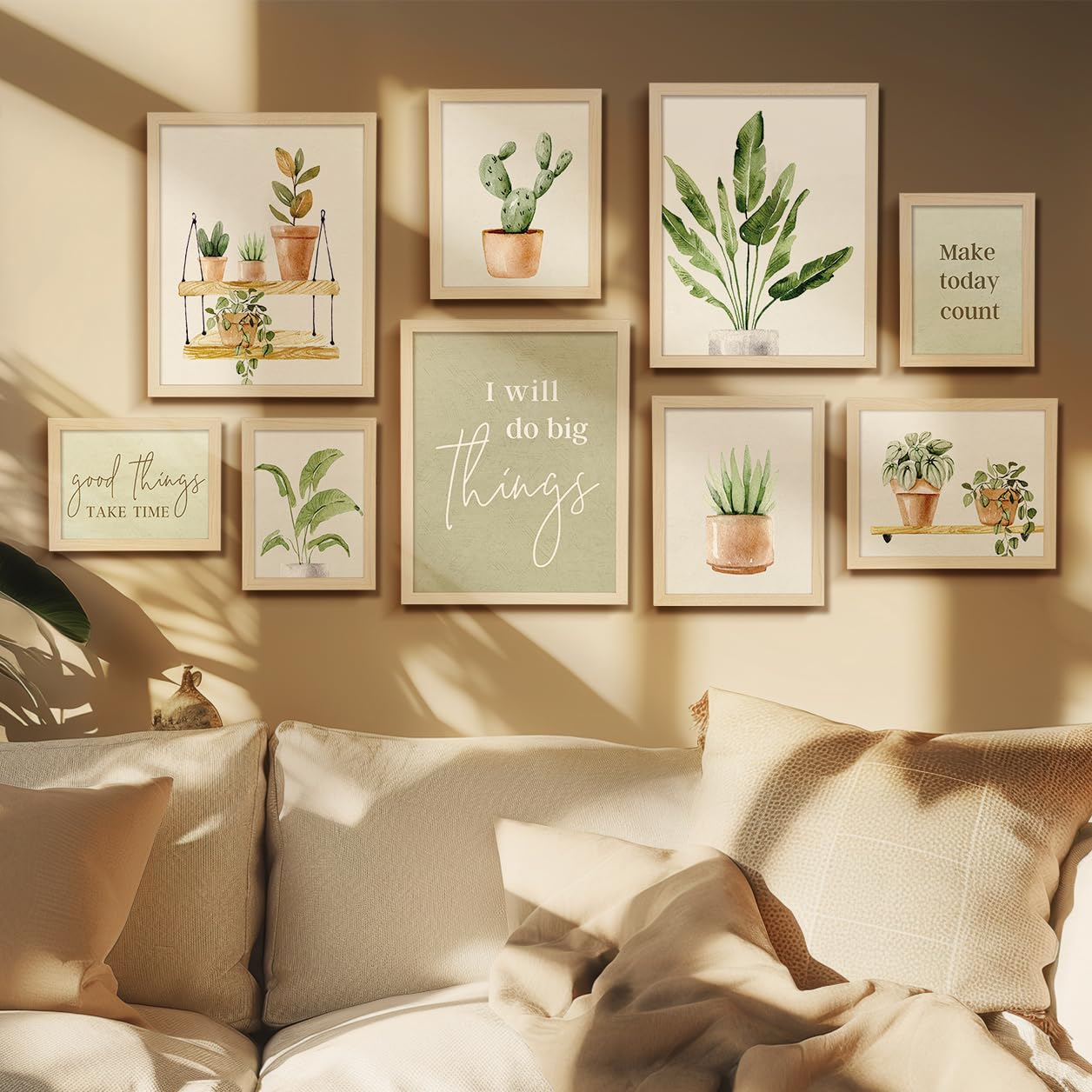 ArtbyHannah 9-Piece Botanical Gallery Wall Art Set, Sage Green Plant Prints with Wood Frames, Neutral Decor for Modern Living Room Bedroom Staircase Nursery