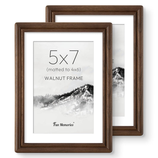 5x7 Picture Frame with Mat for 4x6, USA-Sourced Walnut Wood Handcrafted Rounded Corner with HD Tempered Glass, 5 x 7 Photo Frames Gallery Wall & Tabletop, Vertically or Horizontally, 2 Pack