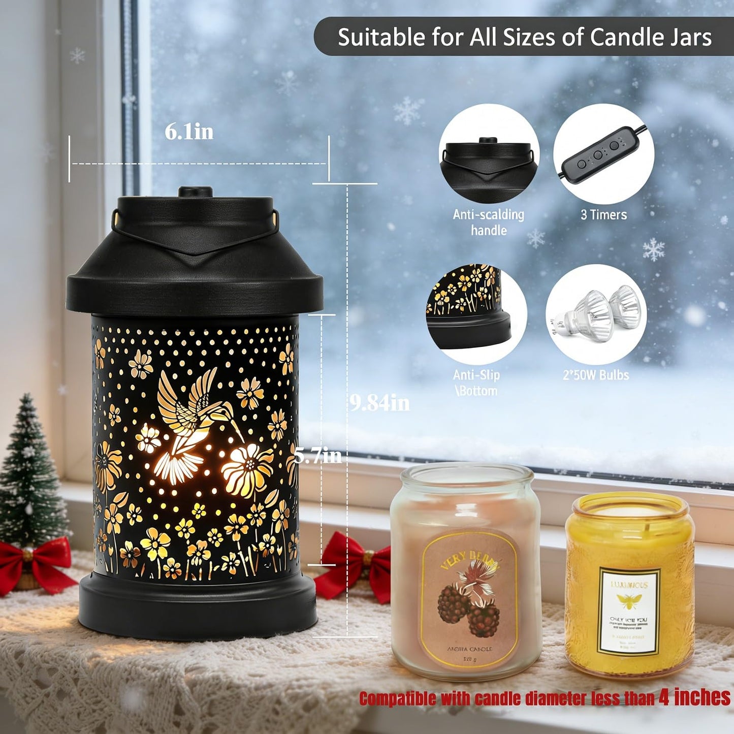 Dialan's Candle Warmer Lamp with Timer - Electric Candle Wax Melt Warmer with Dimmer for Scented Wax Jar Candles Home Decor Bedside Candle Lamp Birthday Gifts for Women Mom Hummingbird Lantern