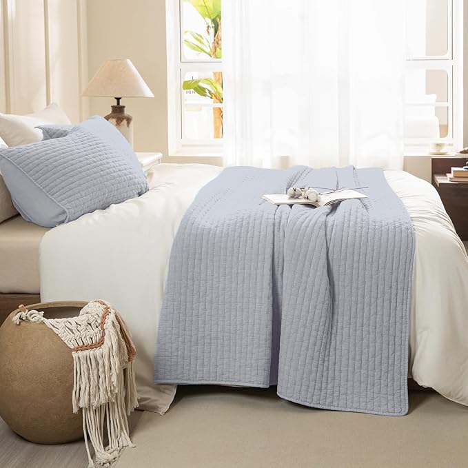 Sanracie Stonewashed Oversized King Quilt(120"x120"), Cotton Cornflower Blue Cross Stitch Pattern California King Quilt Sets 3Pcs Soft Lightweight Crinkle Bed Coverlet Set for All Season