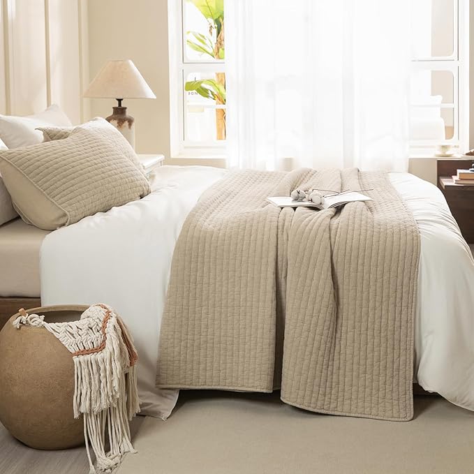 Sanracie Stonewashed Oversized King Quilt(120"x120"), Cotton Dark Wheat Color Cross Stitch Pattern California King Quilt Set 3Pcs Ultra Soft Lightweight Crinkle Bed Coverlet Set for All Season