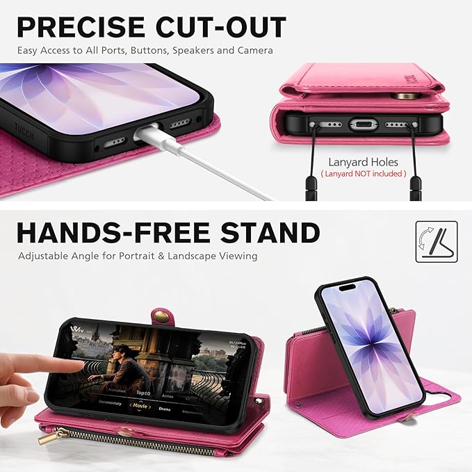 TUCCH Detachable Crossbody Case Wallet for iPhone 17 (6.3"), Wireless Charging | RFID Blocking 9 Card Holders | Lanyard | Wrist Strap | Stand | Zipper Pocket | PU Leather | Magnetic Cover | Hot Pink