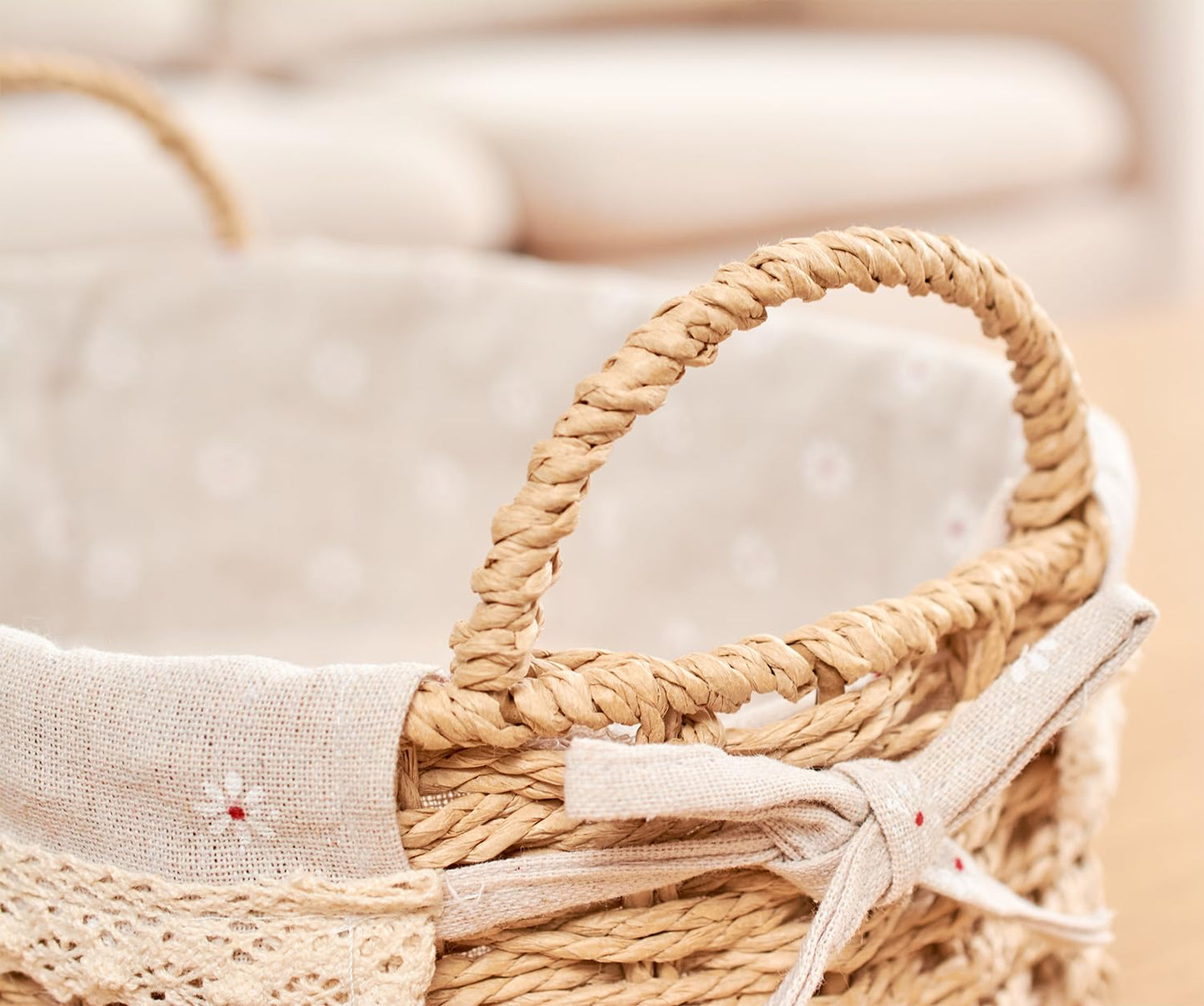 GIB Small Wicker Storage Baskets for Organizing, Decorative Woven Baskets with Handles & Liners, Boho Paper Rope Cute Baskets for Gifts, Decor, Pantry Table, Serving Trays, Set of 2