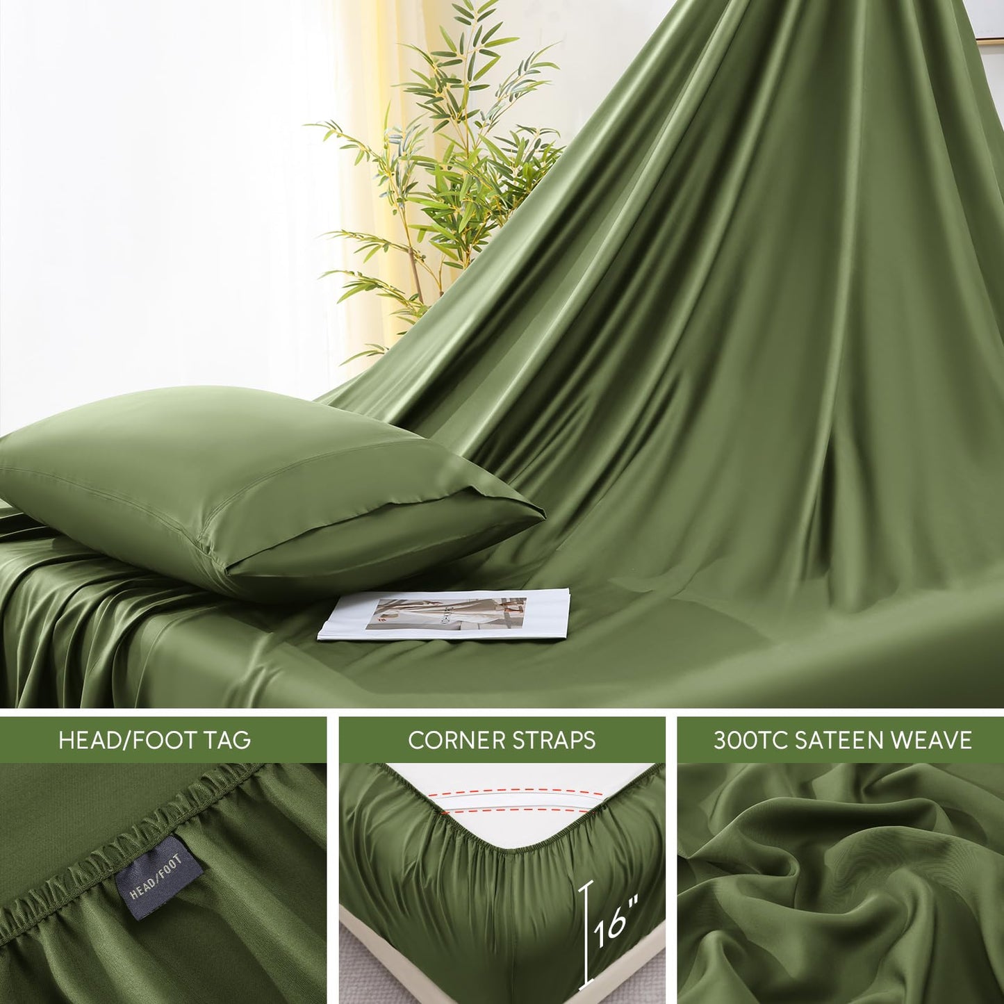 Swiftify 100% Organic Viscose Derived from Bamboo, 4-Piece Queen Bed Sheet Set, Ultra Soft & Luxuriously Cooling Sheets, Deep Pocket Fits 16" Mattress, Perfect for Hot Sleepers, Forest Green