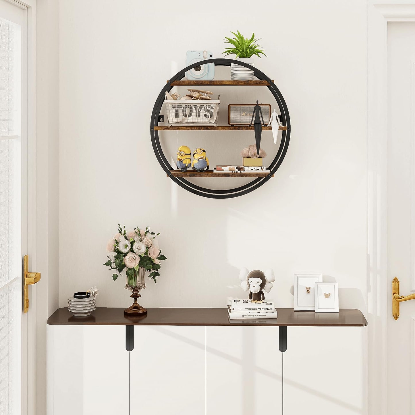 BCOZLUX Floating Shelves, 3 Tier Decorative Geometric Circle Metal and Wood Wall Shelves, Bathroom Shelf Round Wall Decor, Rustic Brown