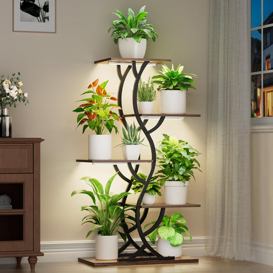 Plant Stand Indoor with Grow Lights - 5 Tiered Corner Plant Shelves (Black)