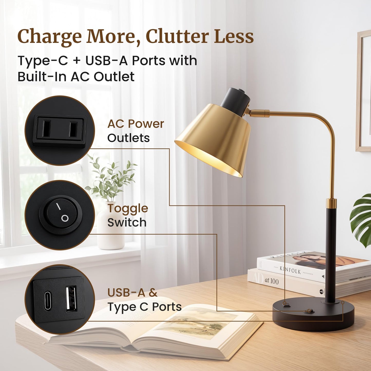 TimberAura Desk Lamp with USB-C, USB-A and AC Outlet, Adjustable E26 Table Lamp for Home Office and Bedside Reading, Matte Black and Brushed Brass-Look, Bulb Not Included