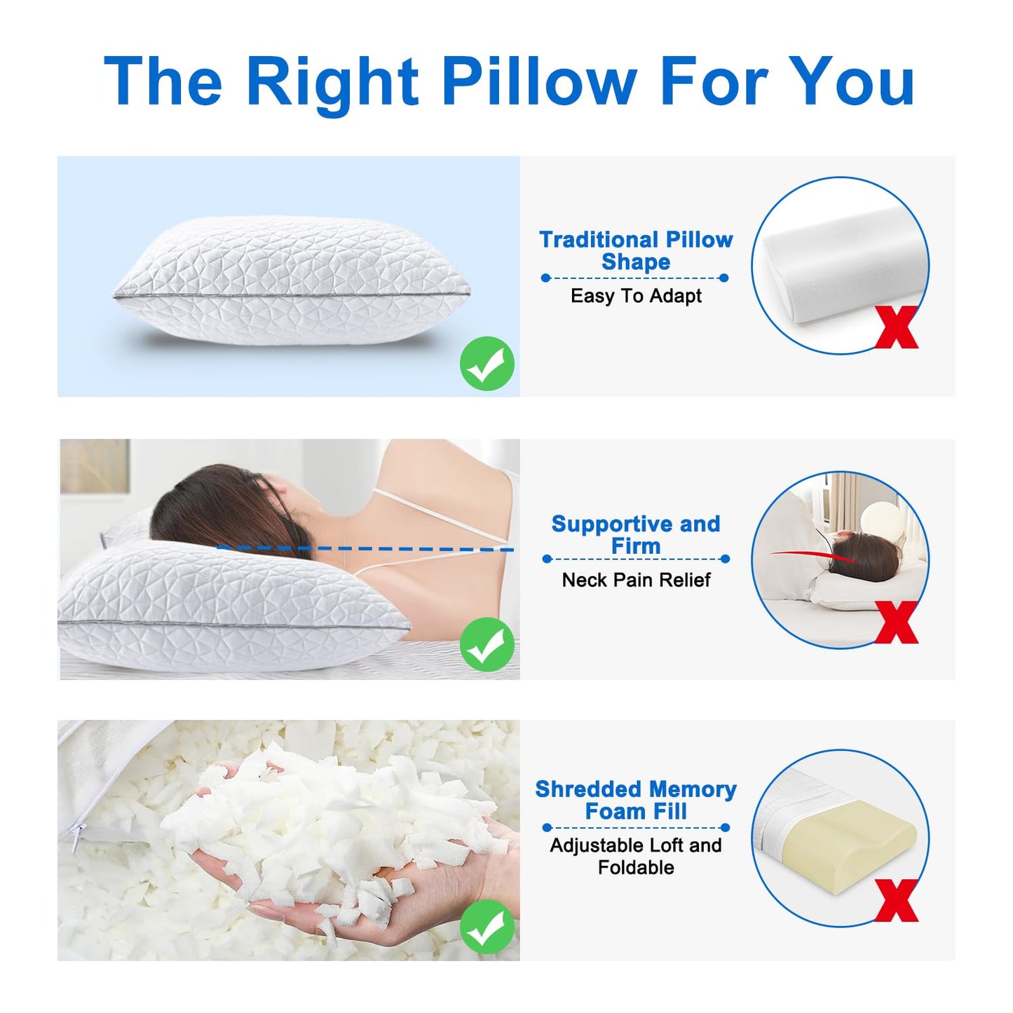 Cooling Pillows Queen Size Set of 2, Shredded Memory Foam Pillows, Adjustable Firm Bed Pillows Cool Cold Pillow for Hot Side Back Stomach Sleepers with Removable Washable Cover, 20" x 30", White