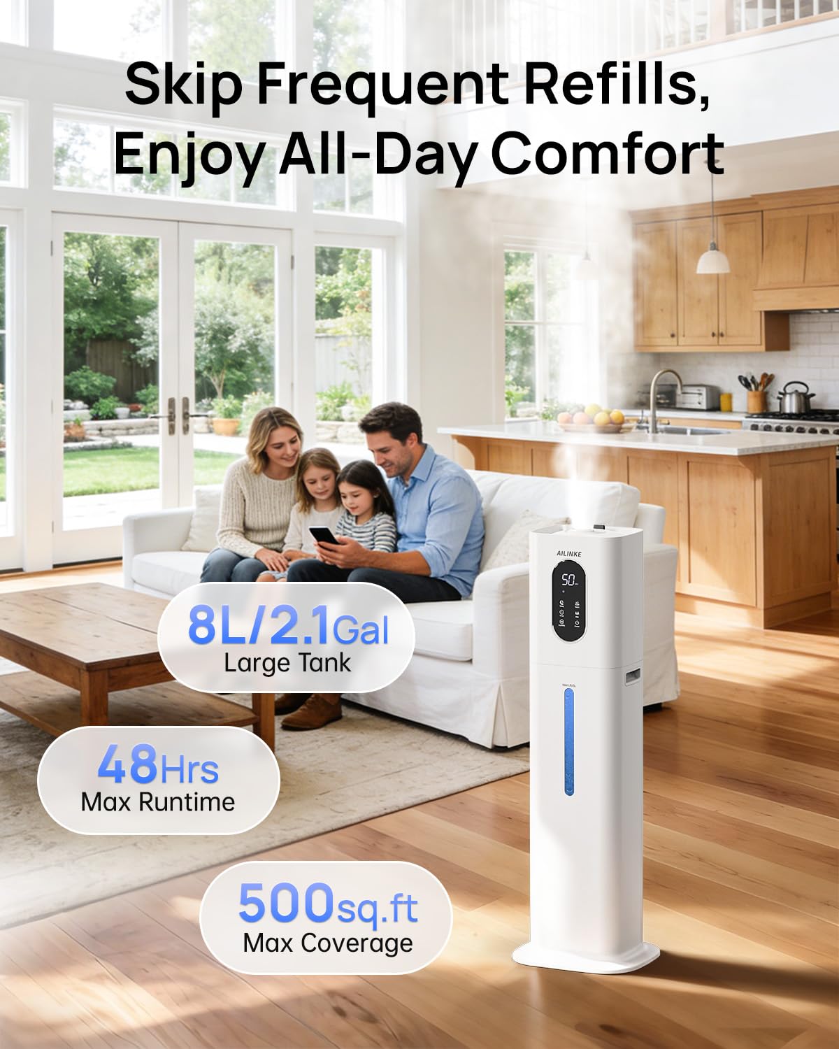 AILINKE Humidifiers for Bedroom 500 sq ft, 2.1Gal/8L Warm & Cool Mist Humidifier Large Room with Essential Oil Diffuser, Large Room Humidifiers for Home Baby Nursery Office Plants, White