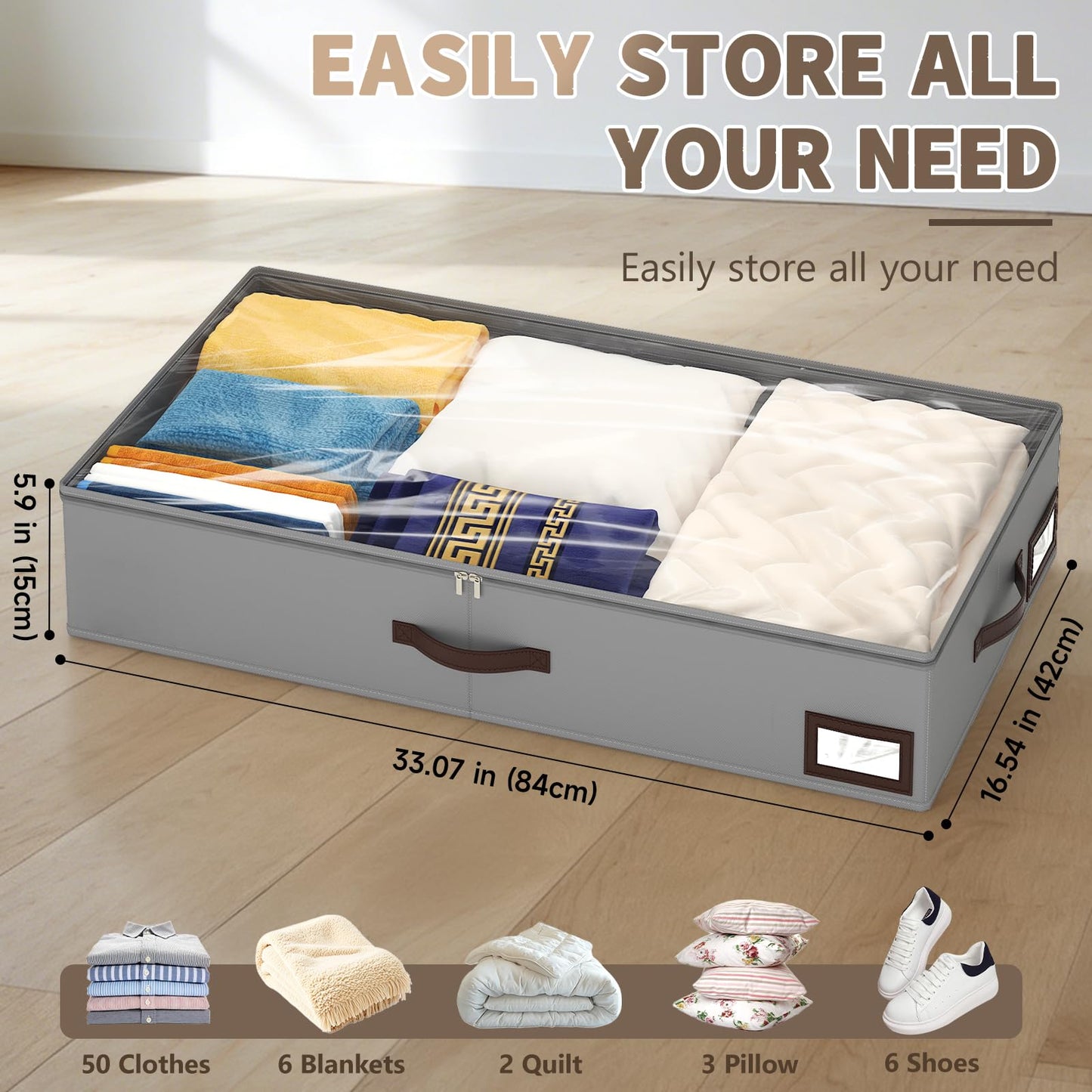 OIAHOMY 2 Pack Under Bed Storage with Handles, Underbed Container for Bedroom & Closet, Fits Beds Higher than 6", Under the Bed Storage for Seasonal Clothes, Blankets & Shoes - Grey