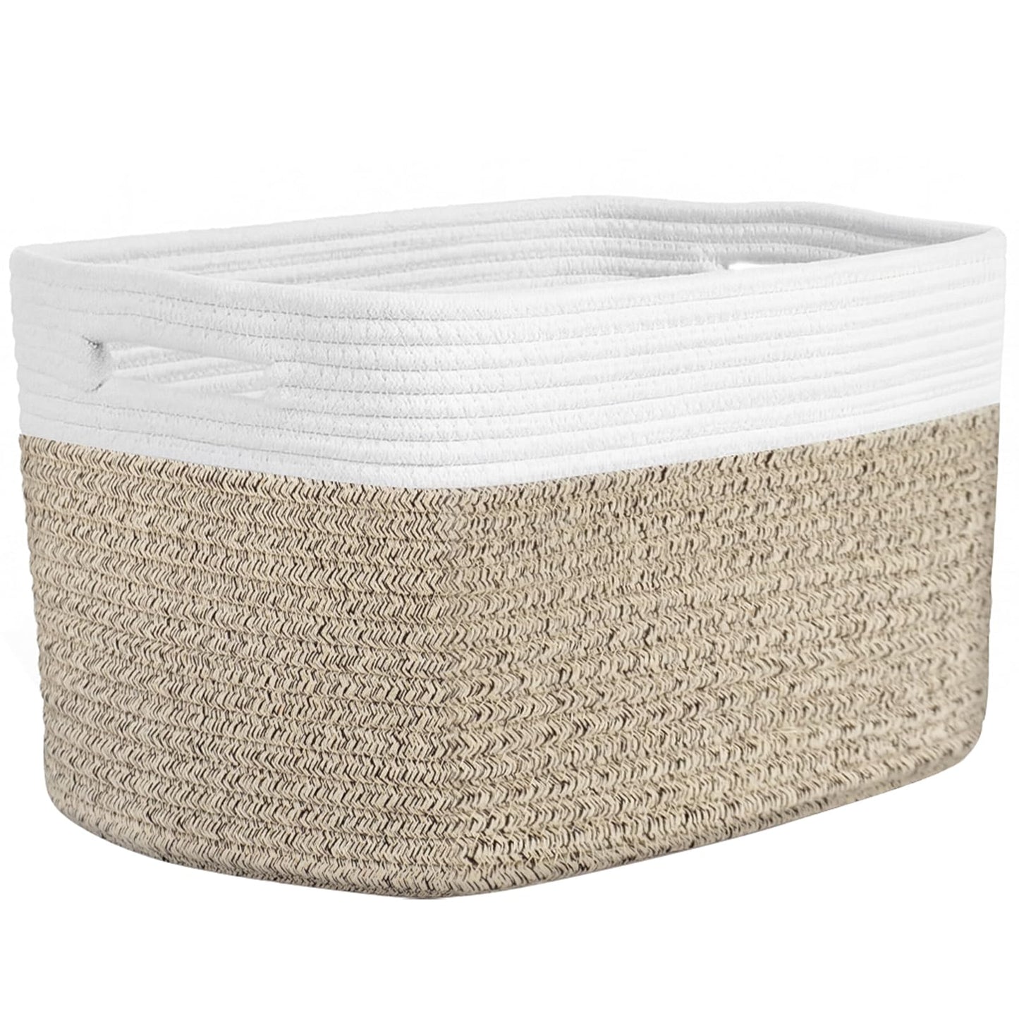 Storage Baskets for Organizing, 14 x 10 x 9” Closet Shelf Woven Baskets, Square Bins with Handles, Cotton Rope Basket for Clothes, Office, Room, White+Rice Brown 1 Pack
