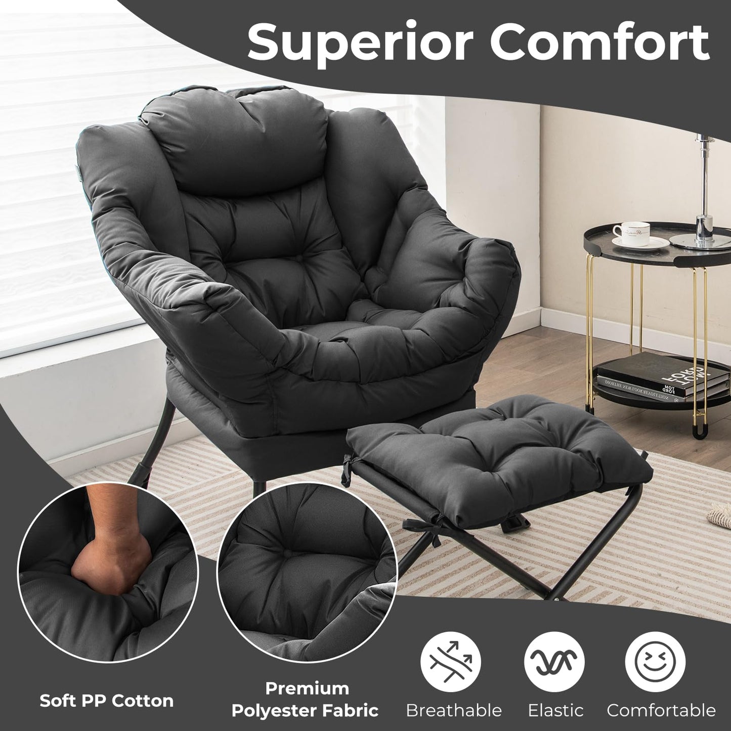 KOMFOTT Lazy Chair with Ottoman, Leisure Upholstered Reading Sofa Chair with Armrests & Side Pocket, Modern Lounge Accent Chair with Folding Footrest for Living Room, Bedroom, Balcony, Grey