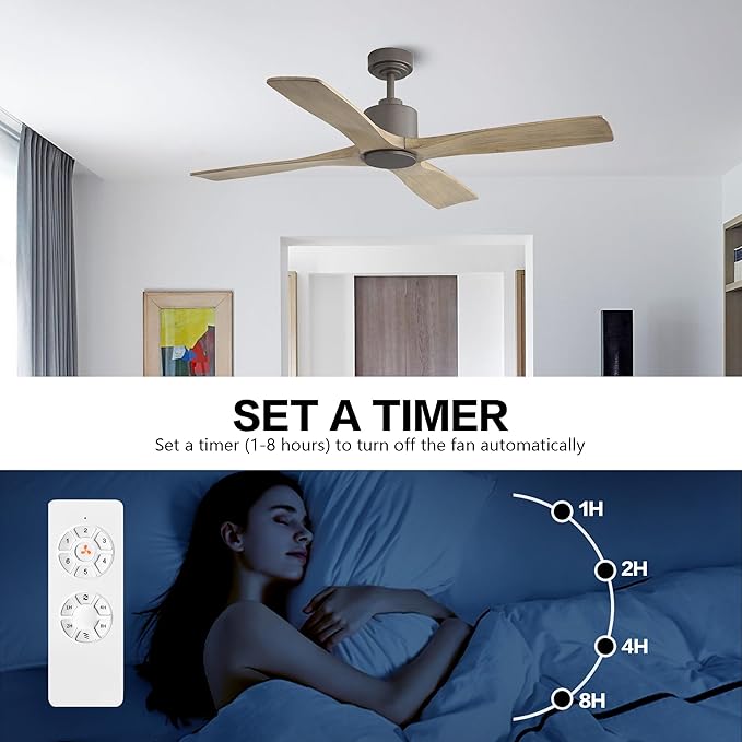 WINGBO 54 Inch DC Ceiling Fan without Lights, 4 Carved Solid Wood Blades, 6-Speed Noiseless Reversible DC Motor, Modern Ceiling Fan No Light with Remote, Graphite Finish with Gray Blades, ETL Listed