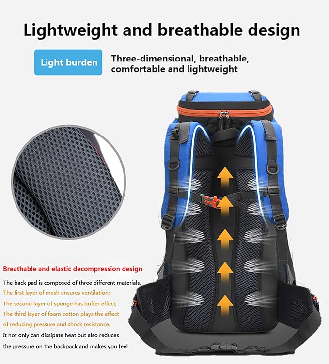 Bseash 60L Hiking Camping Backpack with Rain Cover, Waterproof Large Capacity Outdoor Sport Travel Daypack Climbing Touring (Blue)