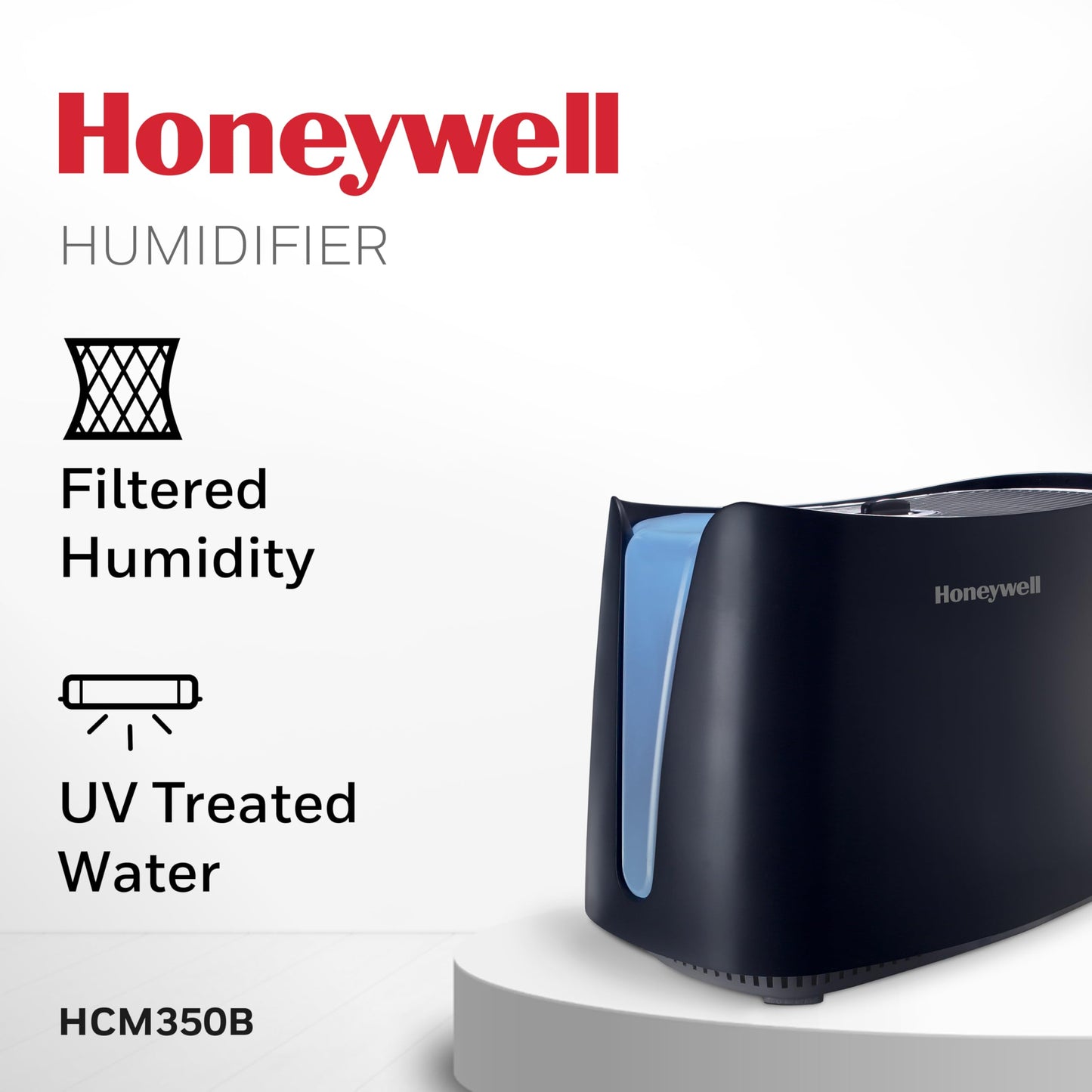 Honeywell Cool Moisture Humidifiers for Bedroom, Medium Rooms, 1.1 Gallon, Invisible Moisture Humidifier for Baby, Kids, Quiet, Easy to Clean, UV Technology, Black, HCM350B