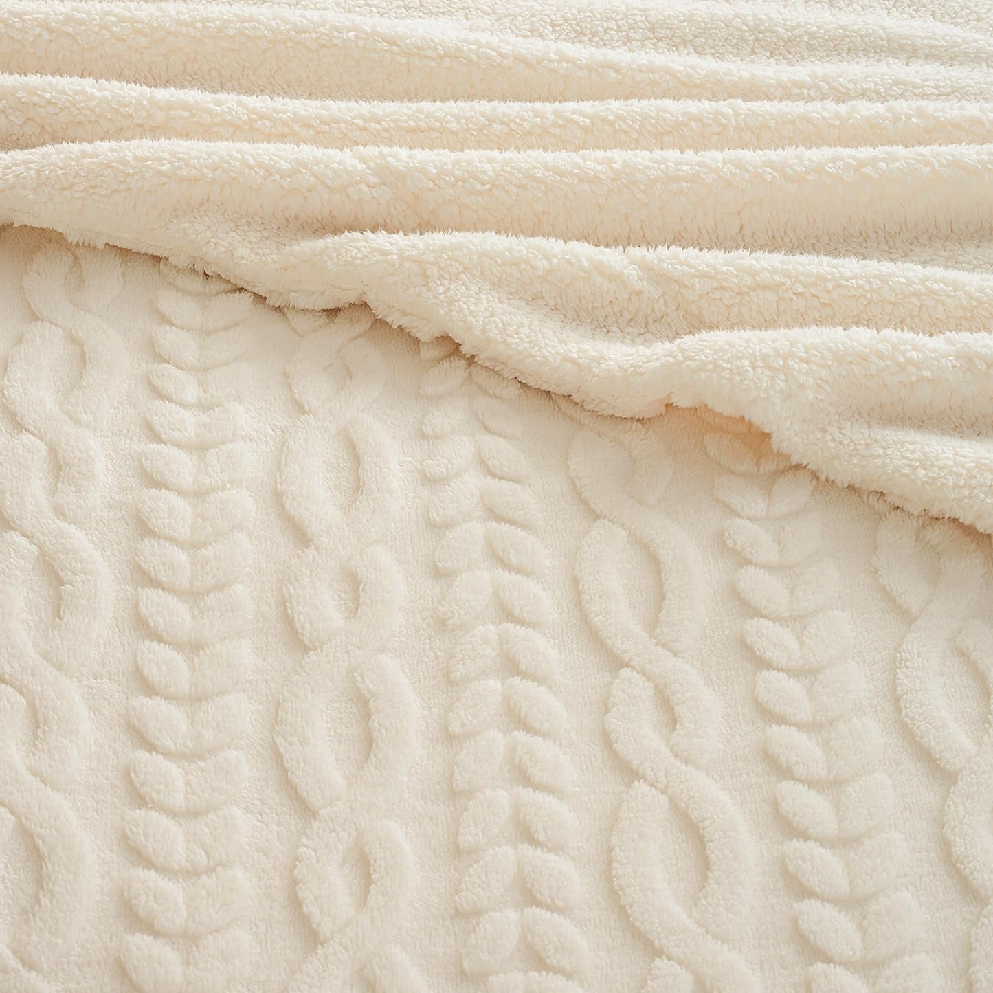 PHF Ultra Soft Sherpa Fleece Blanket Queen Size 90" x 90", 510GSM Fleece Lightweight Yet Warm Blanket for Winter Bed, No Shedding, No Pilling, Tufted Jacquard for Luxury Home Decor, Natural Cream