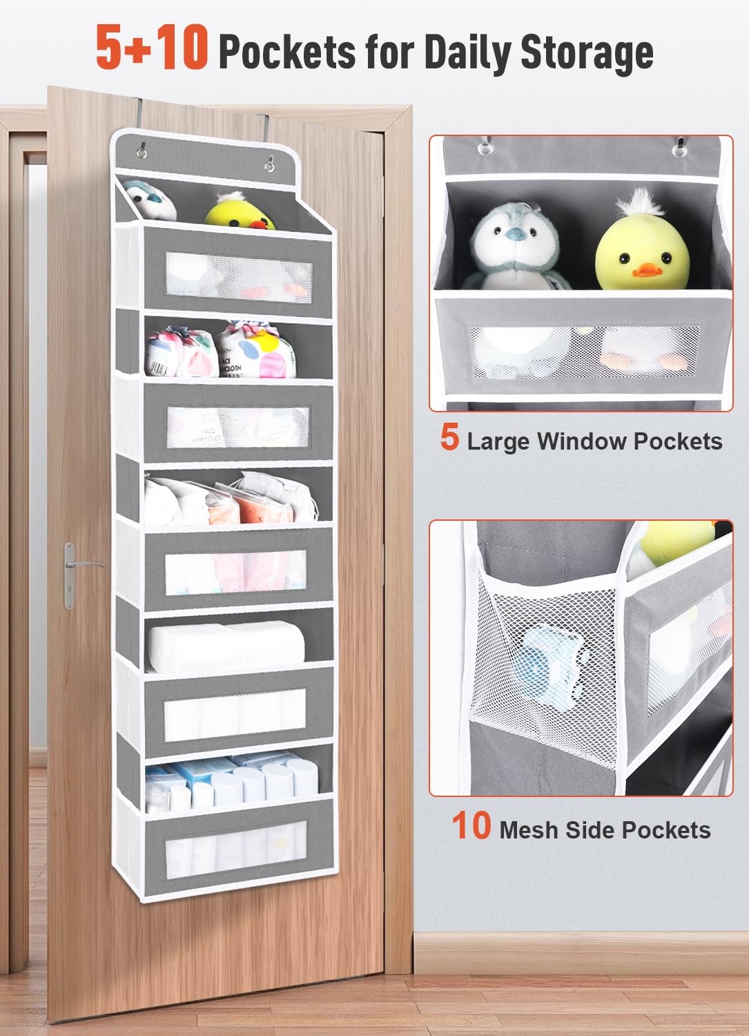 Over The Door Organizer Storage with 10 Pockets, 5 Shelf Hanging Door Storage Organizer for Nursery, Pantry, Bathroom & Bedroom, Reinforced Shelves,Holds up to 48lbs