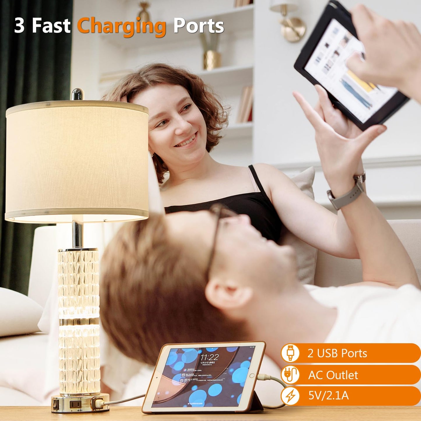 SAIWEYA Crystal Table Lamps Modern 3-Way Dimmable Bedside Lamp with 2 USB Ports & AC Outlets for Living Room Bedroom Nightstand Lamp Night Light