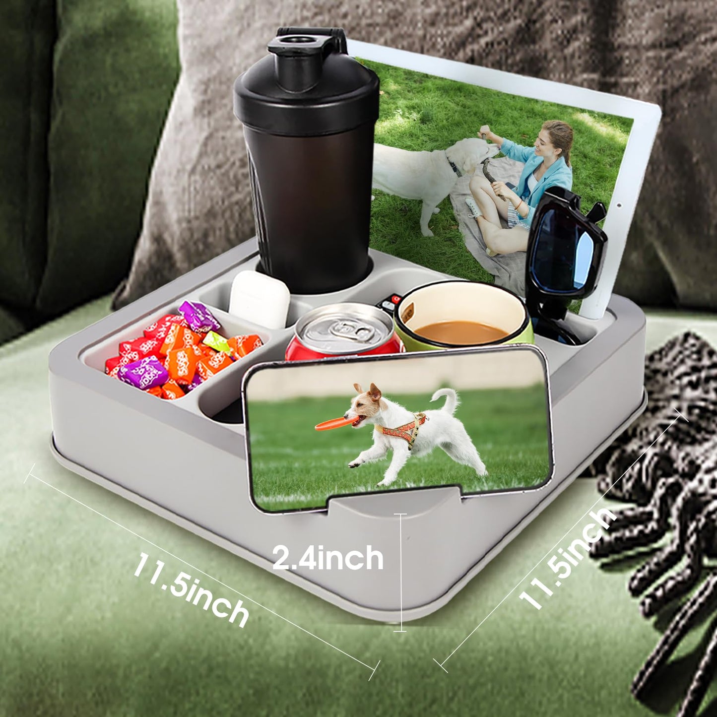 Couch Cup Holder Bed Caddy Couch Caddy Couch Tray Cup Holder for Couch,Couch Caddy with Cup Holder for Remote Phone Tablet Beverage Snack Gray.