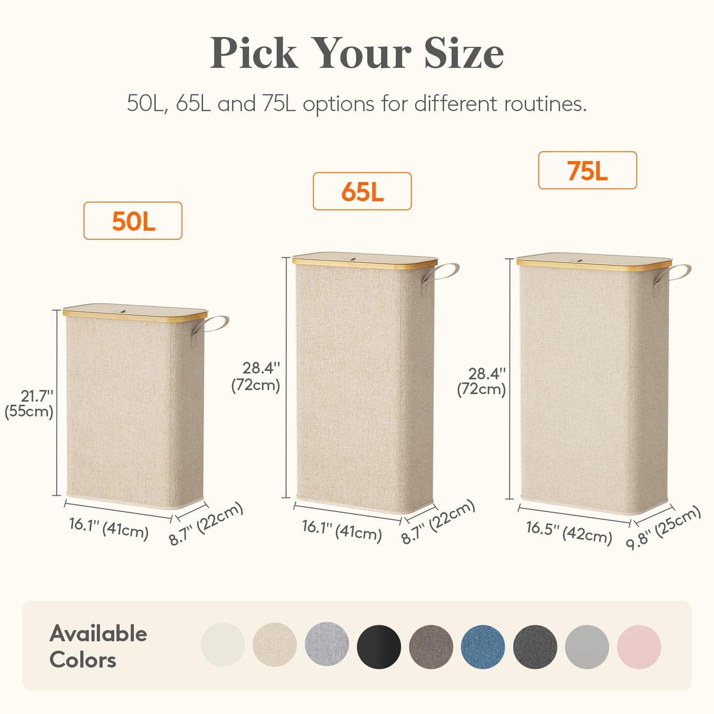 Lifewit 65L Slim Laundry Hamper with Lid, Narrow Laundry Basket with Removable Bag & Bamboo Handles, Fodable Thin Dirty Clothes Hamper for Laundry Collapsible Bin for Bathroom Bedroom Dorm, Beige