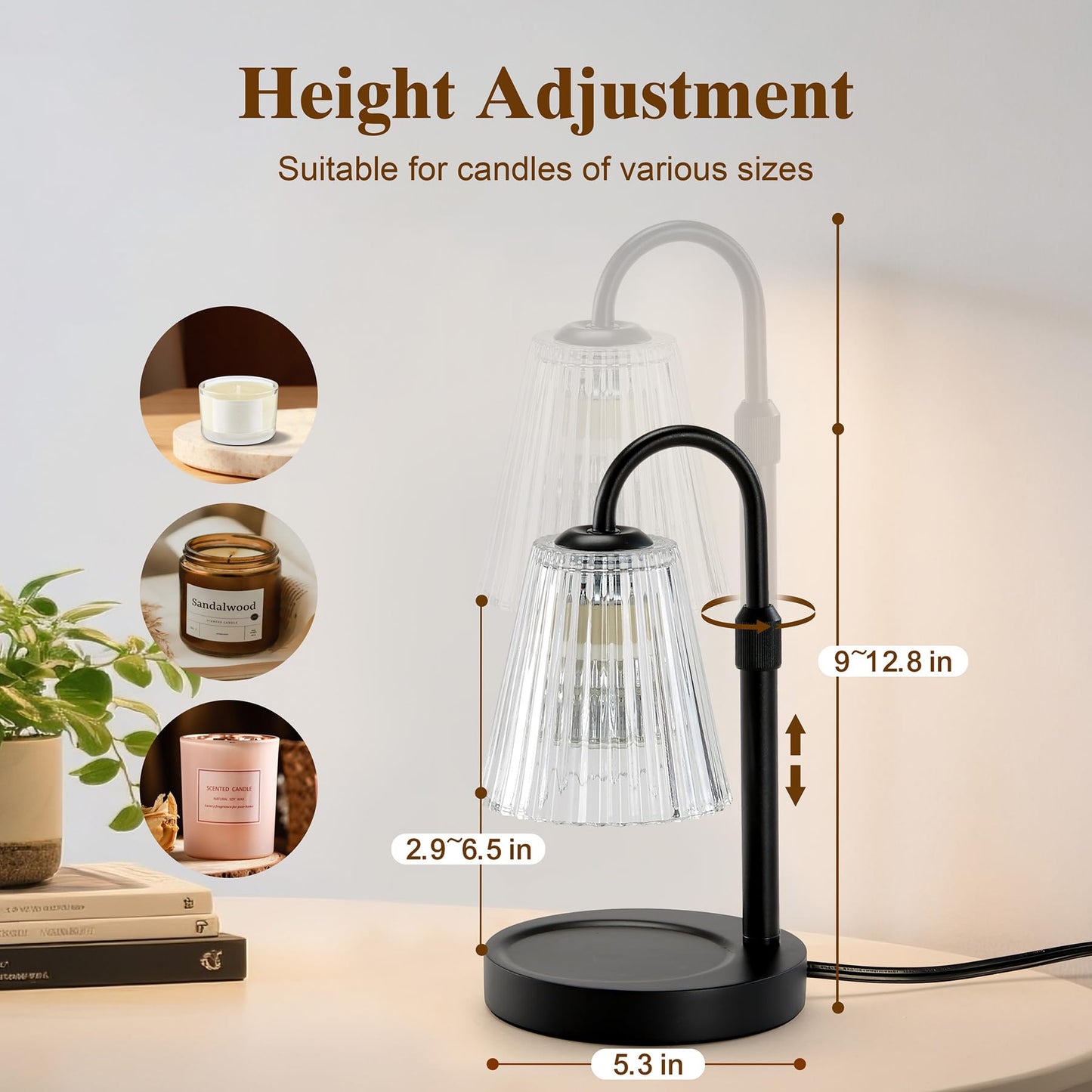 Briever Electric Candle Warmer Lamp with Timer Dimmer, Adjustable Height Wax Melter Warmer for Jar Candles, House Warming Gifts for New Home Decor, Birthday Gifts for Women, Black Wooden Base