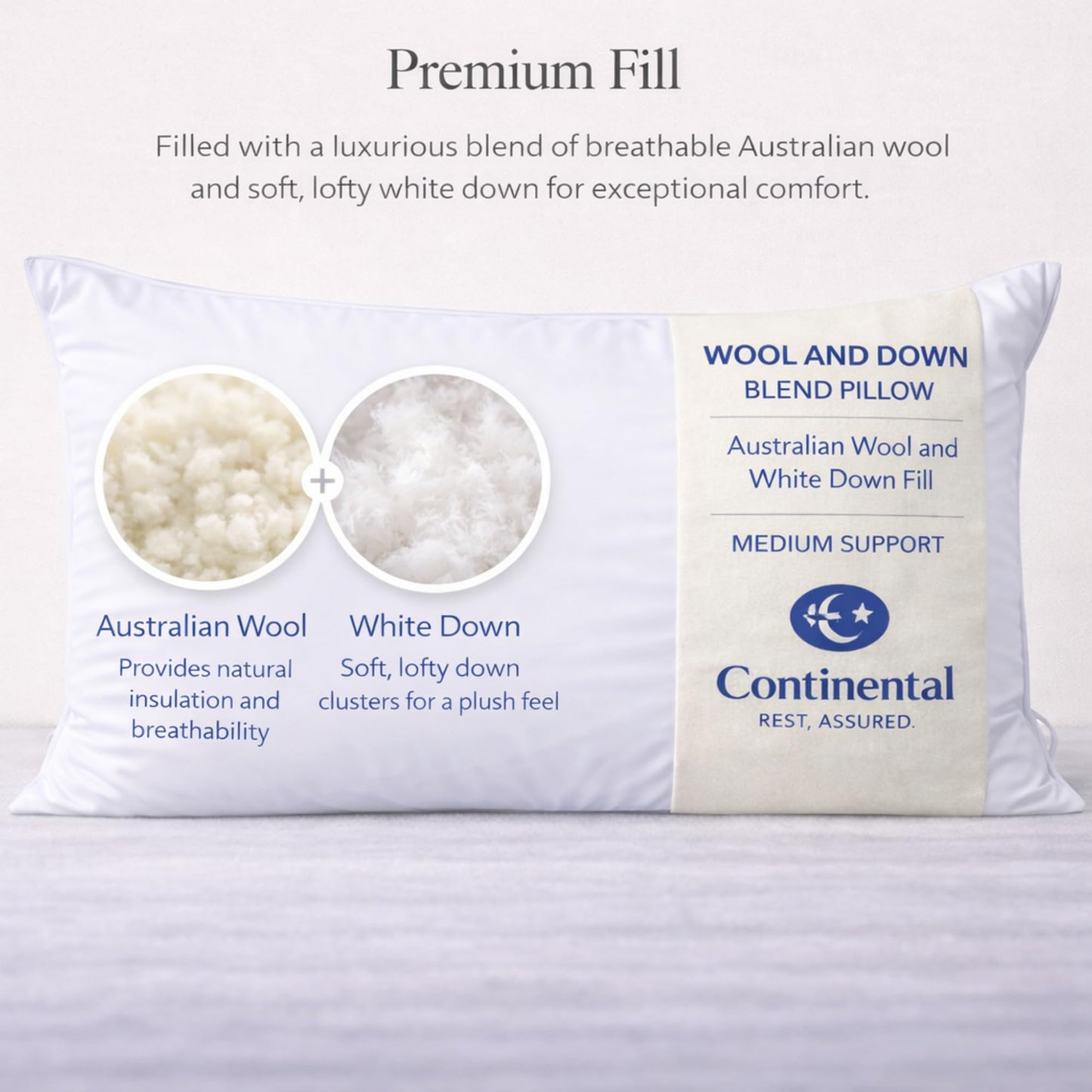 Continental Bedding Wool and Down Blend Pillow Medium Support Australian Wool and White Down Fill 300 Thread Count 100% Cotton Cover White