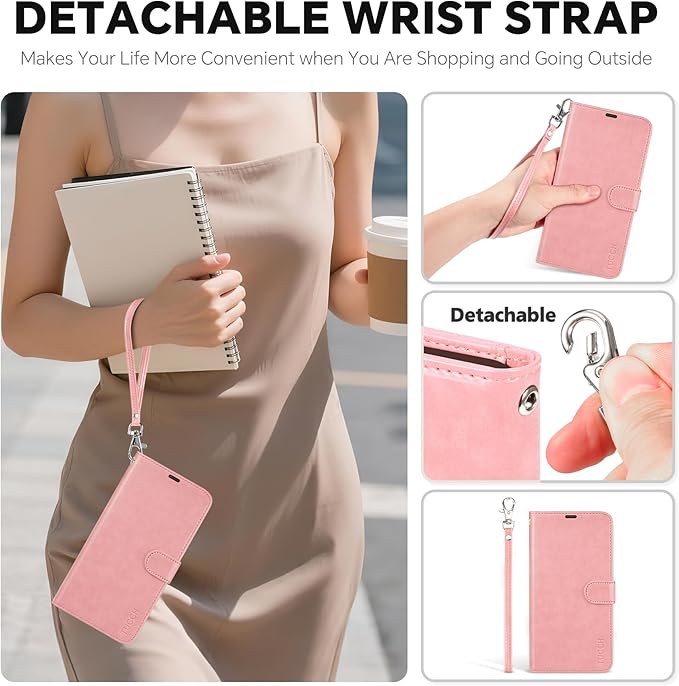 TUCCH 2-in-1 Detachable Wallet Case for iPhone Air (6.5-inch) 2025, RFID Blocking 4 Card Slots, Wireless Charging, Wrist Strap, Kickstand, Magnetic, PU Leather, Protective Flip Cover, Rose Gold