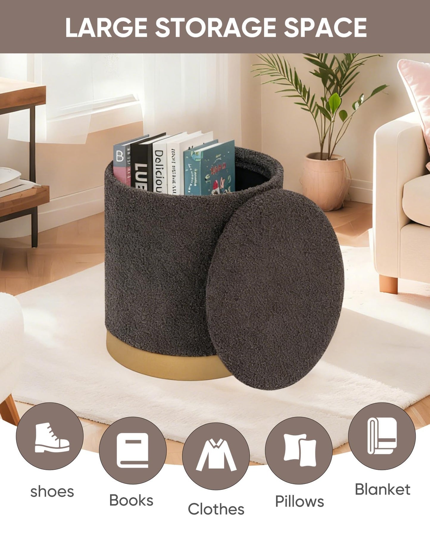 B FSOBEIIALEO Ottoman with Stroage, Round Boucle Storage Ottoman with Gold Plating Base,Foot Rest Stool for Dorm Room, Living Room Dark Grey, 16.73"x16.73"x17.72"