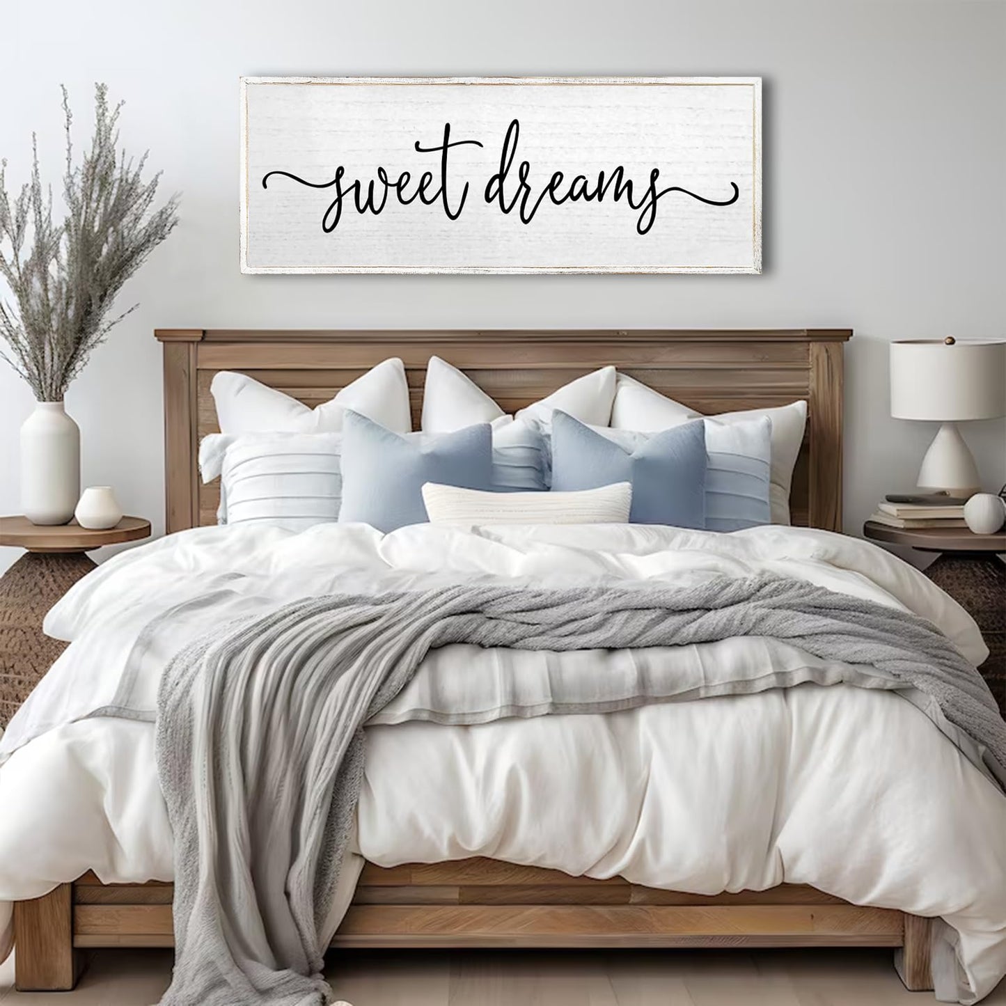 Sweet Dreams Wall Decor Above Bed Sign 32''×12'' Large Wood Framed Master Bedroom Guest Room Sweet Dreams Signs Farmhouse Rustic Wall Art Decoration (White)