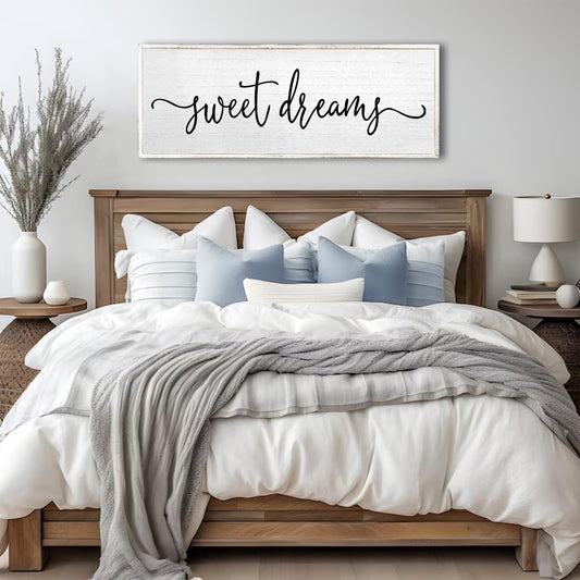 Sweet Dreams Wall Decor Above Bed Sign 32''×12'' Large Wood Framed Master Bedroom Guest Room Sweet Dreams Signs Farmhouse Rustic Wall Art Decoration (White)
