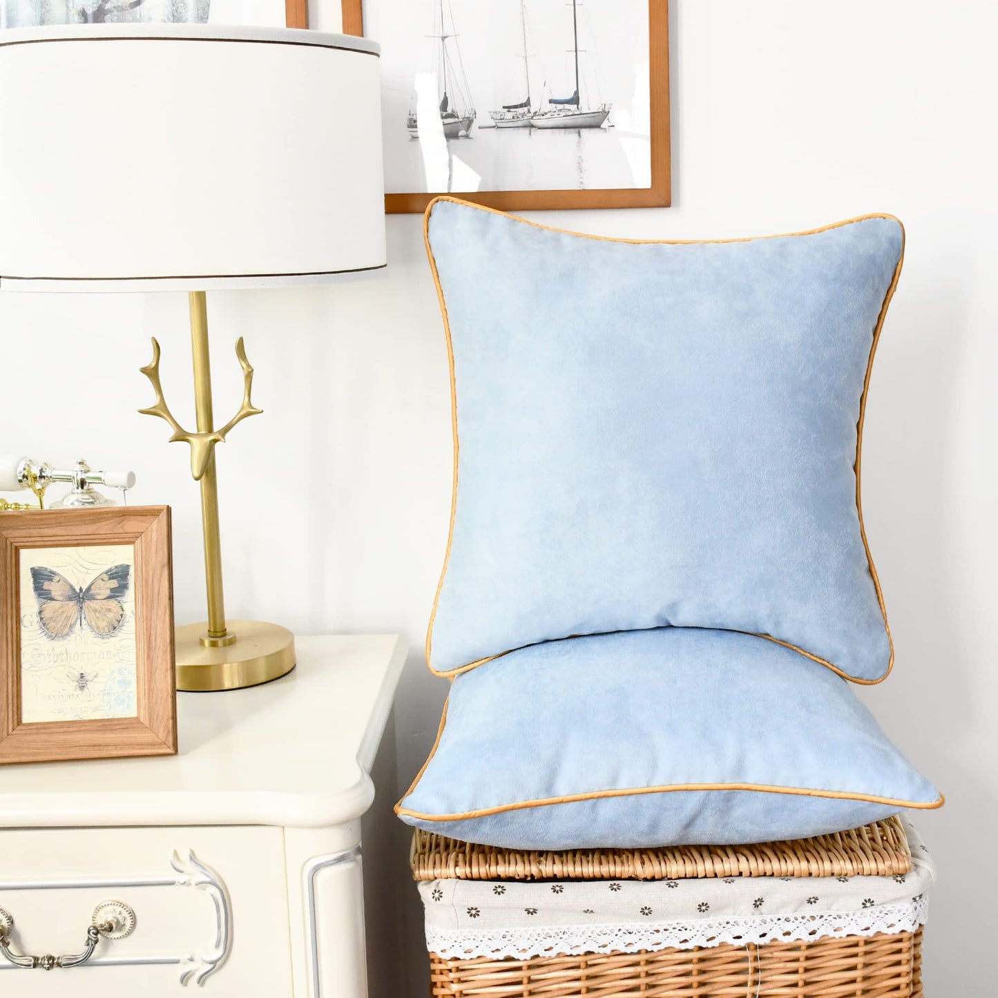 CaliTime Throw Pillow Covers Pack of 2 Super Soft Faux Suede Gold Piping Edge Accent Cushion Case for Couch Bed Sofa Farmhouse Decorative 18 X 18 Inches Light Blue
