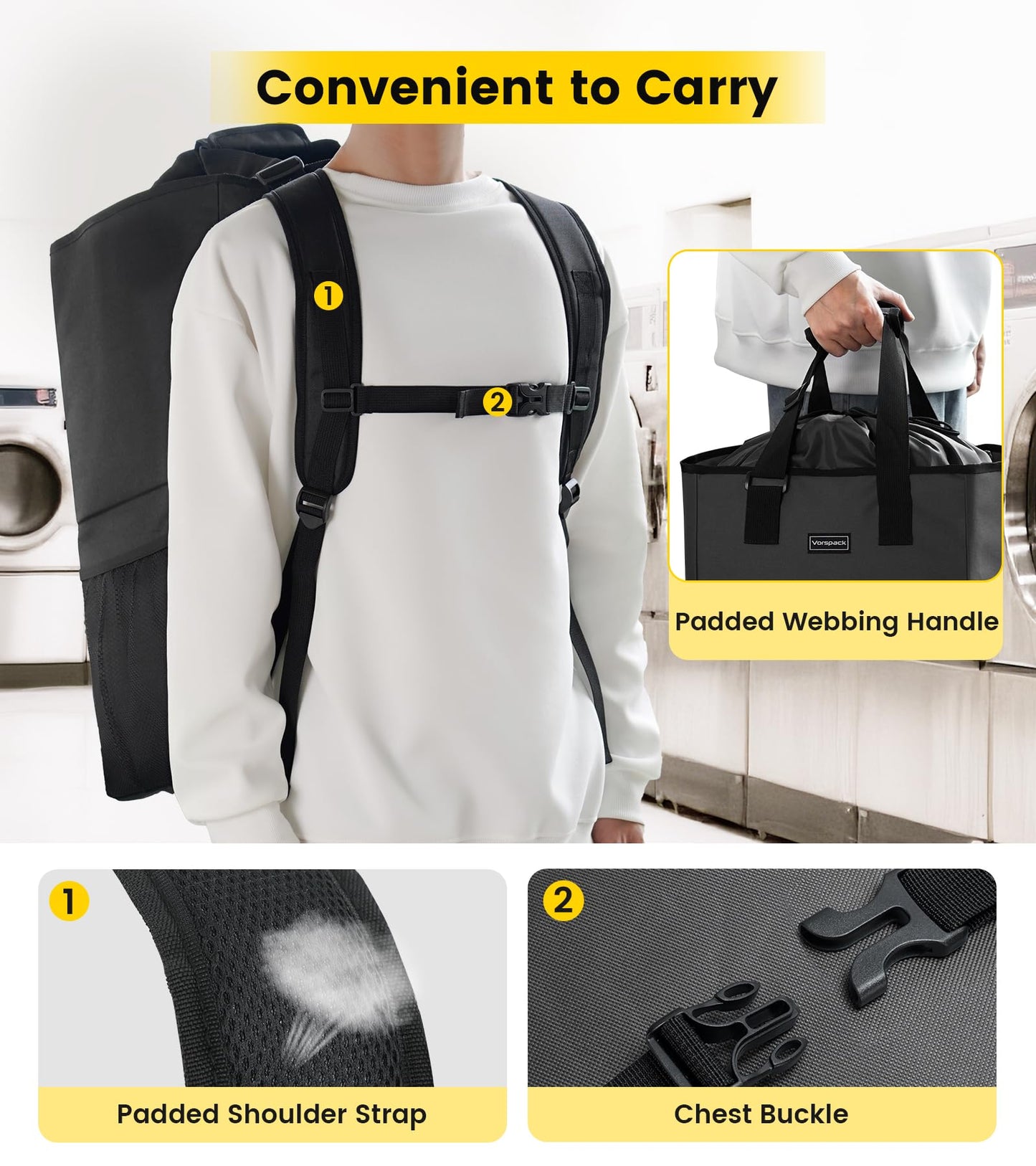 Vorspack Laundry Bag Backpack - Extra Large Laundry Bags with Shoulder Straps Heavy-duty 2 in 1 Laundry Hamper Basket for College Dorm Camp Laundromat Room Essentials - Black
