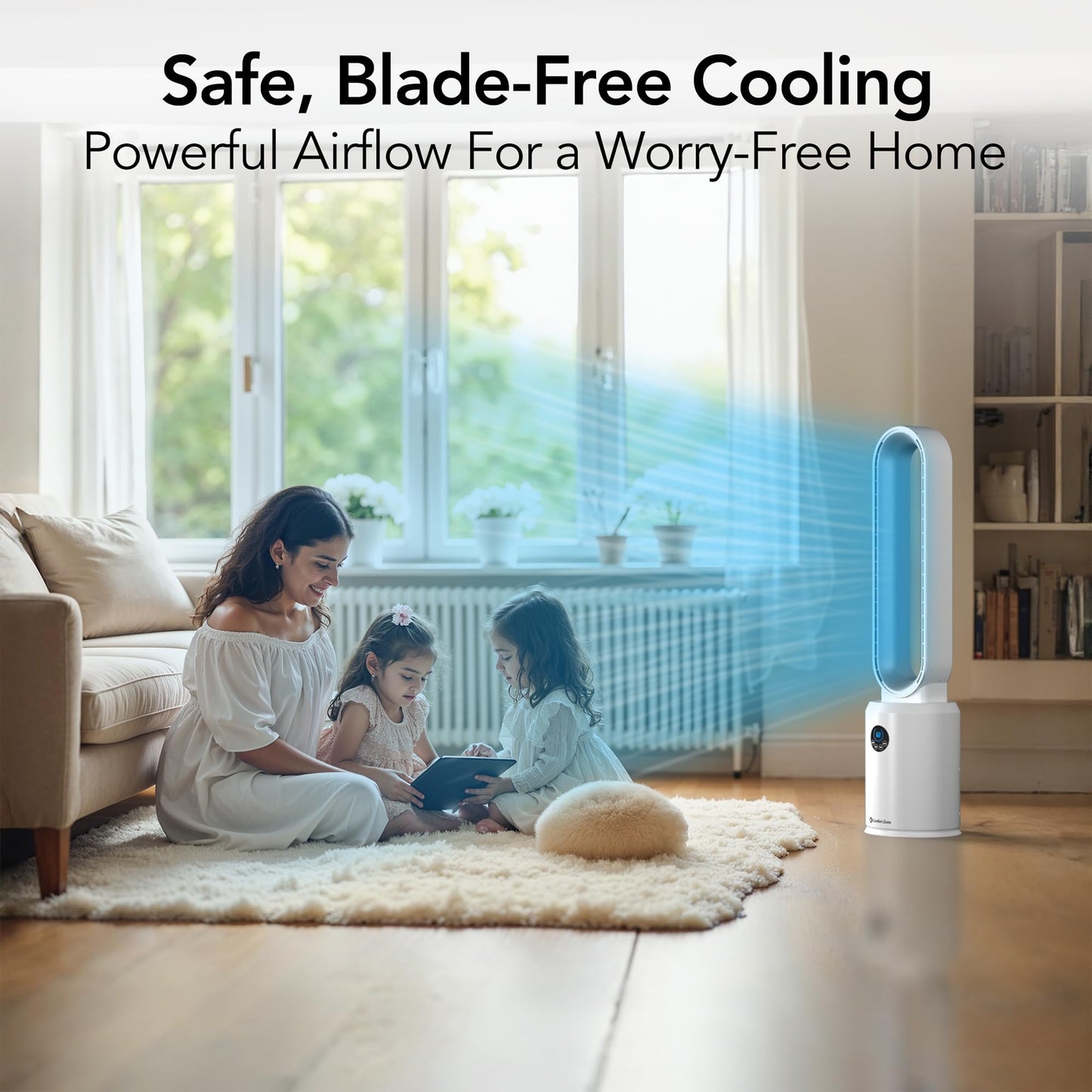 Comfort Zone 40-Inch Bladeless Tower Fan for Bedroom – Quiet Standing Fan with Remote Control, 9H Timer & Wide Area Oscillation – Turbocharged Airflow & Digital LED Display – White/Silver